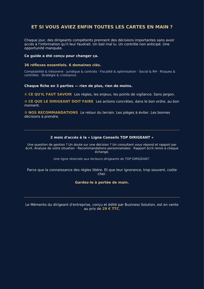 Quatrième de couverture du Mémento pratique du dirigeant